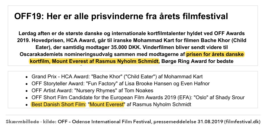 OFF 2019 – Bedste Danske Kortfilm: Mount Everest